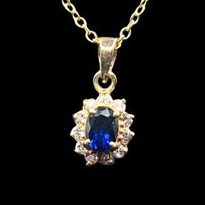Vintage Faux Sapphire Pendant Necklace 18K yellow gold electroplate signed